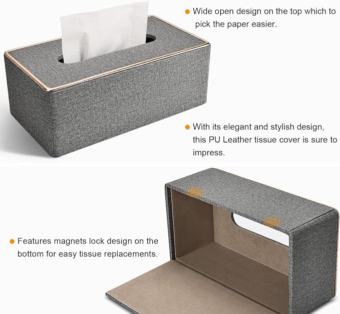 Tissue Box Cover Rectangular, PU Leather Tissue Box Holder for Kleenex, Napkin,Tissue Box Covers Rectangle for Bathroom Car Home Office Decorative 9.84"X5.63"X4.53" Grey - Image 4