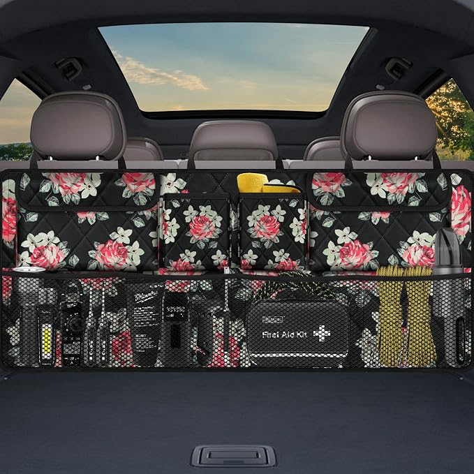 Femuar Car Trunk Organizer,Large Capacity Backseat Trunk Organizer(42"*18"),Collapsible Car Storage Bag with 8 Pocekt,Car Organizer for SUV/MPV/Truck - Floral - Image 7