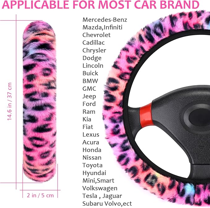 Accmor Fuzzy Car Steering Wheel Cover, Universal Fit Fluffy Auto Wheel Cover & Handbrake Cover & Gear Shift Cover Set, Leopard Print, Car Steering Wheel Cover Protector for Women Girls (Colorful) - Image 2