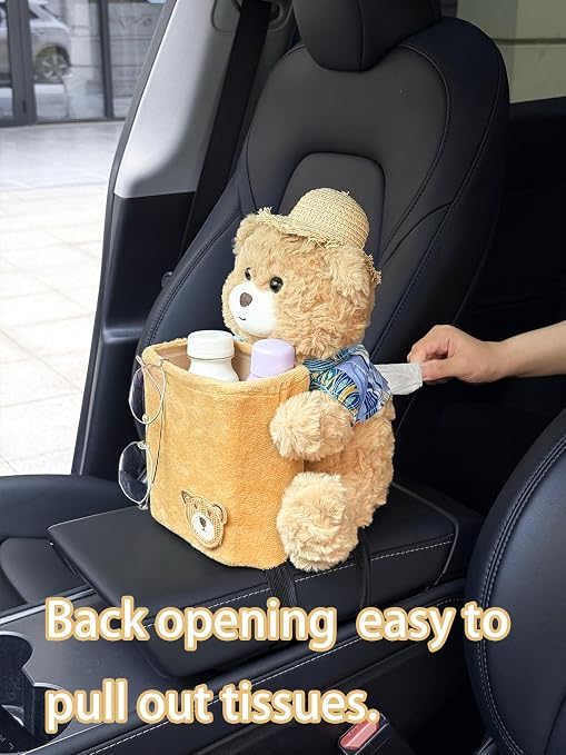 Cute Plush 2 in 1 Car Tissue Box and Trash Can Teddy Bear Tissue Box Plush Animals Cute Holder Plushie Multifunctional Organizer Creative Accessories for Women,Straw Hat Bear - Image 3