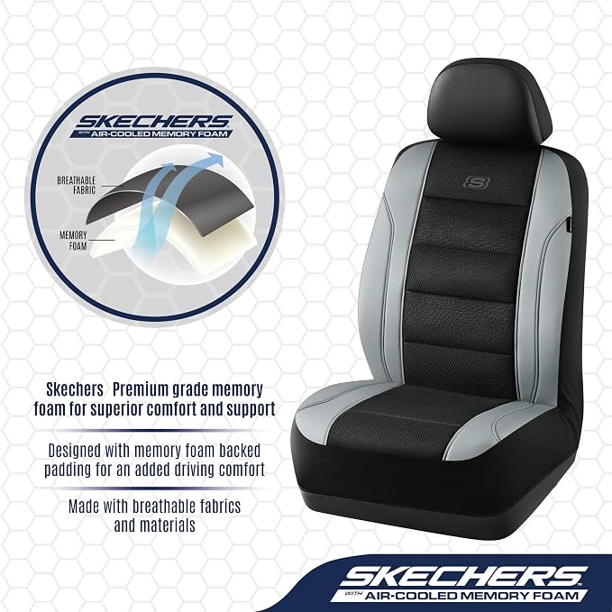 Skechers Air-Cooled Seat Covers, Memory Foam Car Seat Covers Front Seats, Airbag Compatible,Universal Fit for Most Cars, SUVs, Vans and Trucks,Grey - Image 2