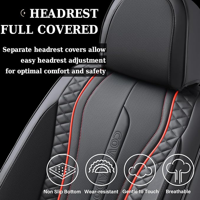 Coverado Car Seat Covers Full Set, Leather Seat Coversfor Cars, Front and Back Seat Covers, Waterproof Car Seat Protectors Car Seat Cushions Universal for Most Vehicles, Black&Redline - Image 5