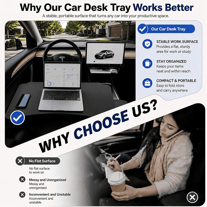 Car Desk Tray Table for Passenger Seat, Foldable Laptop Desk for Work, Eating, or Travel, PU Leather Surface Easy to Clean, Fits Front or Back Seat, Portable Car Table for Road Trips - Image 3