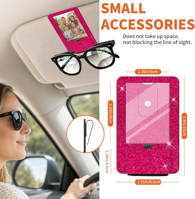 2-in-1 Car Visor Sunglasses & Photo Holder, Magnetic PU Leather Glasses Clip with Picture Display Slot, Universal Sun Visor Organizer for Eyeglasses, Personalized Cards & Memories, Hot Pink Glitter - Image 5