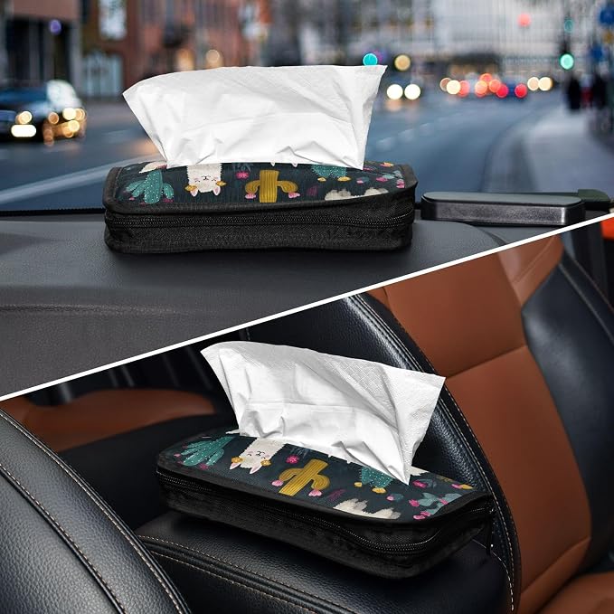 Car Tissue Holder Car Napkin Holder Car Tissue Box Dispenser Storage Case Sun Visor Mask Holder with Adjustable Straps Reusable Refillable White Llama Green Cactus - Image 8