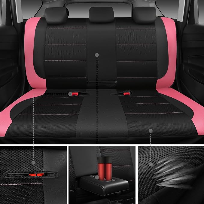CAR PASS Leather Seat Covers, Breathable Universal Car Seat Cover Full Set for Cute Women Girly,Super 5mm Composite Sponge Inside,Airbag Compatible fits Most Auto,SUVs,Trucks,Vans(Black&Pink) - Image 3