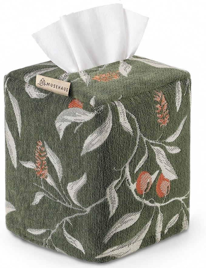 Chenille Tissue Box Cover - Vintage Farmhouse Decor, Green Leaf | Tissue Box Cover Square, Cube Tissue Holder, 4.5x4.5x5.5 in, Home, Living Room, Bathroom, Bedroom, Office, Vanity, Car Decor by MuseHaus