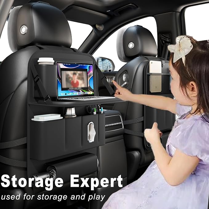 Backseat Car Organizer with Tray 1 Pack,Car Backseat Organizer with Foldable Table for Kids,Multifunctional Seat Back Organizer with Storage Pockets Car Storage Organizer (Black) - Image 3