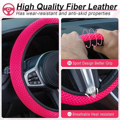 Alpmosn Elastic Stretch Steering Wheel Cover, Universal Interior Accessories Steering Wheel Cover for Women & Men, Breathable Microfiber Ice Silk, Anti-Slip, Odorless, Easy Carry(Rose Red) - Image 3