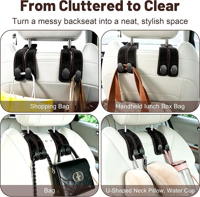 SUKIPIN Car Hooks, Car Seat Headrest Hooks for Purses and Bags 4-Pack Black | Car Accessories for Women, Solid Durable Construction, Quick Tool-free Mounting, Universal Fit for Most Vehicle Headrests - Image 6