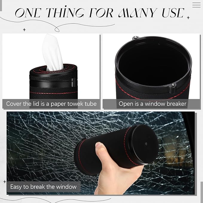 1 Pcs Car Tissues Cylinder Leather Round Container Car Tissues Holder with Tissue Paper with Window Breaker for Vehicle Bathroom Office(Black) - Image 4