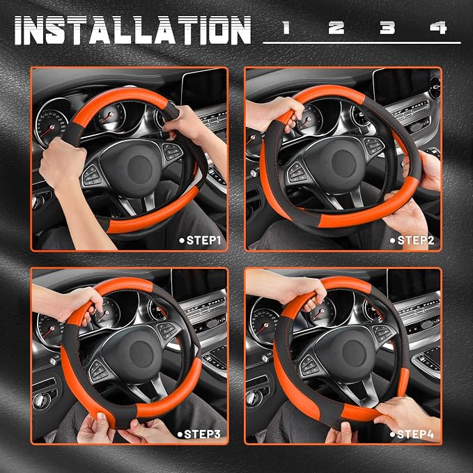 SEG Direct Steering Wheel Cover 14.5-15 inch Car Auto Interior Accessories | Universal Medium Standard Size 37-39cm for Car Truck SUV, Microfiber Leather, Anti-Slip Comfortable Grip, Black and Orange - Image 6