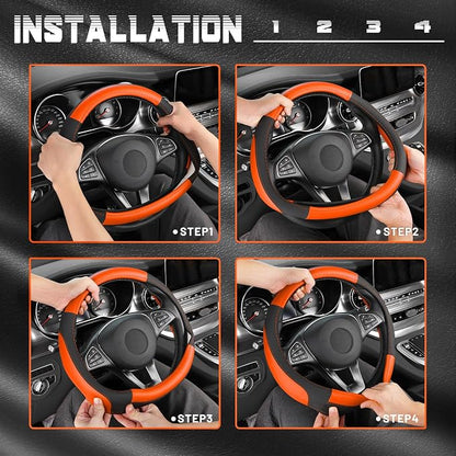 SEG Direct Steering Wheel Cover 14.5-15 inch Car Auto Interior Accessories | Universal Medium Standard Size 37-39cm for Car Truck SUV, Microfiber Leather, Anti-Slip Comfortable Grip, Black and Orange - Image 6