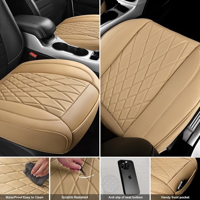 CAR PASS 2 Pack Leather Front Car Seat Covers, Bottom Seat Covers Full Wrapped with Storage Pocket, Anti-Slip Leather Seat Protectors,Waterproof Seat Cushion Universal Fit Sedan SUV Truck, Light Beige - Image 3