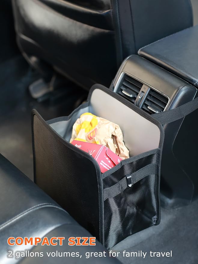 Ginsco 2 Gallons Open-Top Car Trash Can, Hanging Leakproof Car Trash Bag with Water-proof PEVA Liner, Stand Trash Bag for Cars Foldable Automotive Garbage Can for Cars SUV Truck RV Black - Image 3