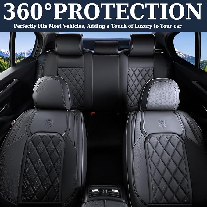 Coverado Car Seat Covers Full Set, Front and Back Seat Covers for Cars, Luxury Faux Leather Waterproof Seat Covers, Black Car Seat Covers, Car Seat Protector Accessories Universal Fit Most Vehicles - Image 8
