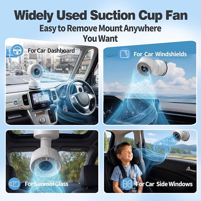 Upgraded Suction Cup Wall Mounted Fan with 4000mAh Battery, 5 Speeds Adjustable 180 Tilt 340 Rotation - Rechargeable Portable Fan Strong Suction for Home, Kitchen, Bathroom, RV, Office, Gym, Cruise - Image 2