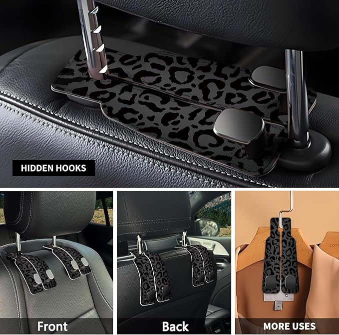Car Seat Headrest Hook, Universal Leather Cute Hanger Holder Hook, Storage Organizer Interior Accessories for Purse Bags Handbag Luxury Black Leopard - Image 3
