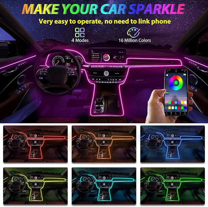 6 in 1 Car Led Strip Lights with App Control, RGB Colors Interior Car Lights, Ambient Led Lighting Kit, 4 Light Flashing Modes, USB Neon Accessories for Doors, Center Console - Image 2