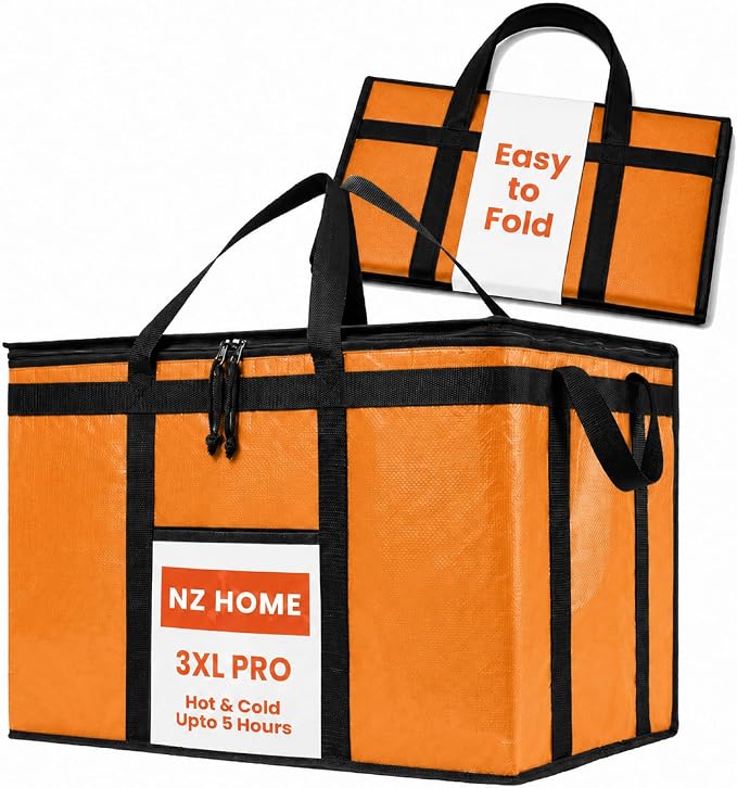 NZ home PRO Large Insulated Food Delivery Bag (3XL, Orange, 1 Pack) | Thermal bag, For cold & hot food, Water-resistant, Portable cooler, Soft sided catering tote, Grocery bag with zippered top by NZhome