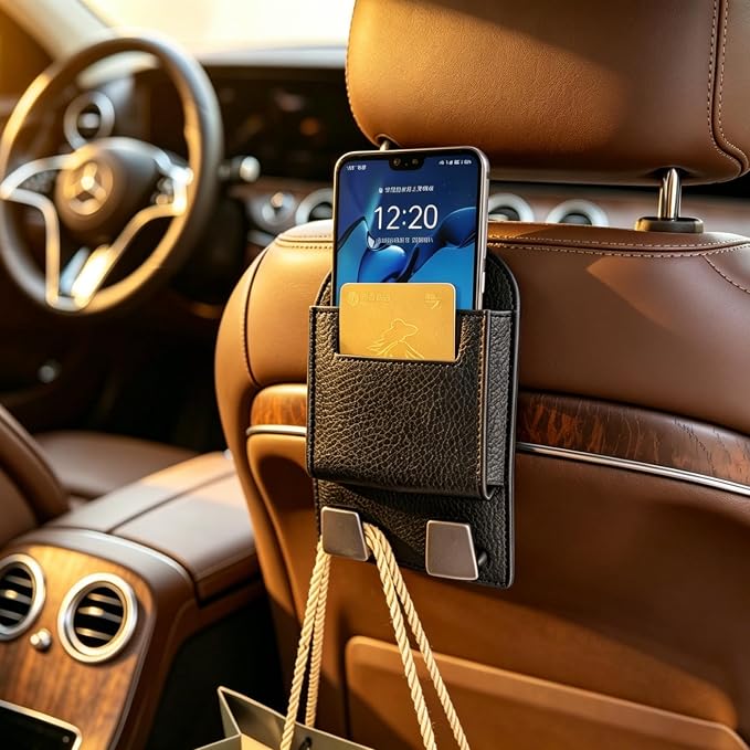 Car Seat Headrest Hooks with Phone Holder,Storage Pouch with Hook | Double Hook for Purse & Bag,Car Seat Hook with Buckle,Seat Back Organizer Hook for Cars SUVs Van Pickup Van Truck (Black) - Image 2