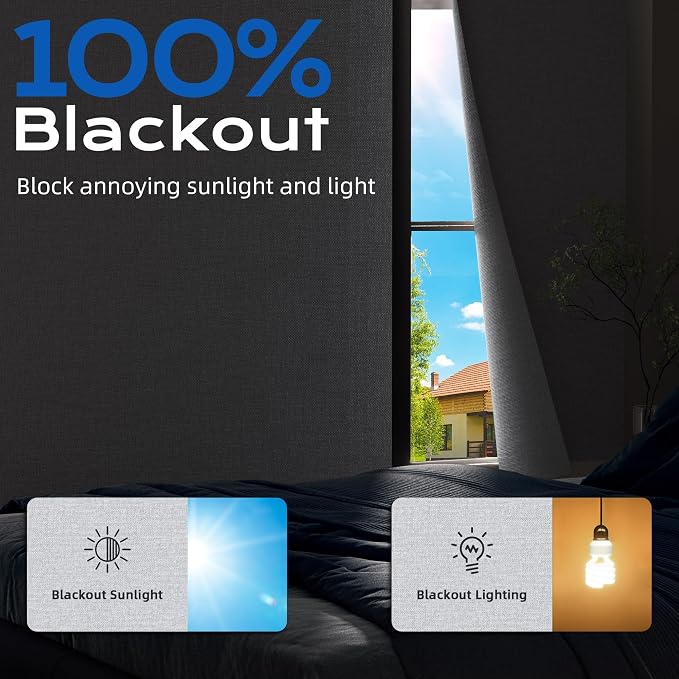 Linen Blackout Curtains for Bedroom, 70" x 58" Portable Blackout Blinds | 100% Blackout Window Cover with Hook&Loop Strip, Temporary Blackout Shades, Blackout Window Film for Nursery Travel RV- Gray - Image 2