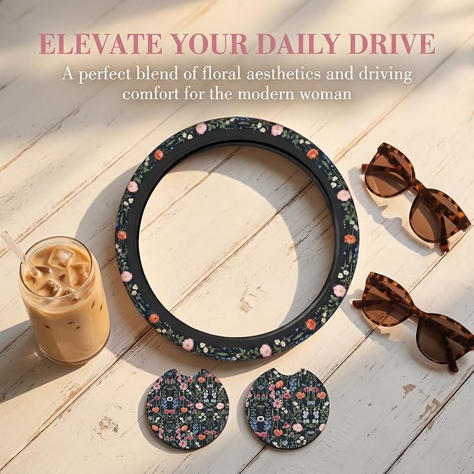 Wildflower Car Steering Wheel Cover 15 in, 2 Cute Floral Car Coasters | Multicolor Anti-Slip Breathable softness elasticity Universal Suitable for Men Women - Image 2