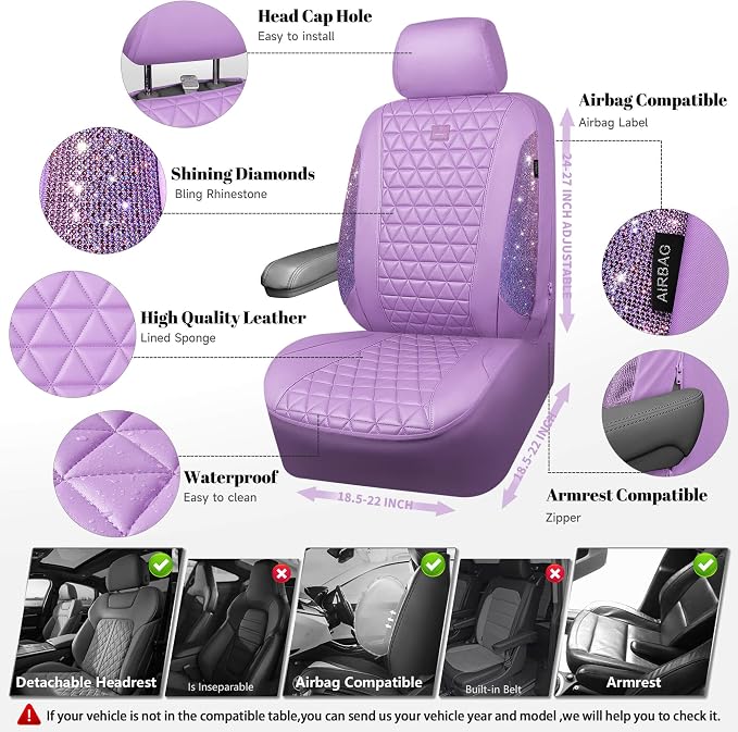CAR PASS Light Purple Bling Diamond Leather Car Seat Covers Full Sets, Waterproof Shining Glitter Sparkly Crystal Universal Armrest Fit for Automotive Truck SUV Cute Women Girl,Lavender Rhinestone - Image 3
