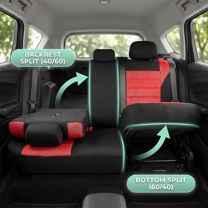 FH Group Automotive Car Seat Covers Full Set Premium 3D Air Mesh Front Seat Covers, Airbag Compatible & Split Bench Cover Universal Fit Interior Accessories for Cars Trucks and SUVs - Red - Image 3
