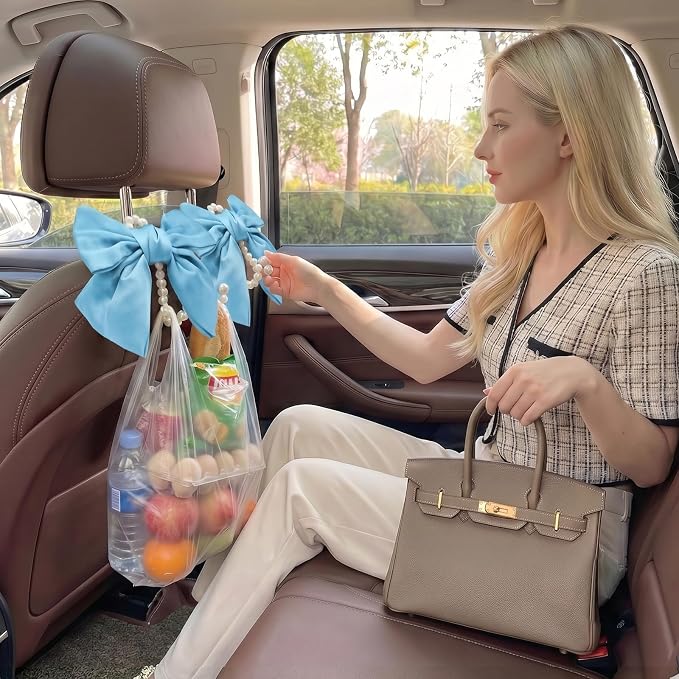 2PCS Satin Bow Pearl Car Seat Headrest Hooks – Car Bag Holder & Vehicle Hanger for Purses – Cute Coquette Aesthetic Interior Decoration – Cute Auto Organizer Accessories Universal (Sky Blue) - Image 8