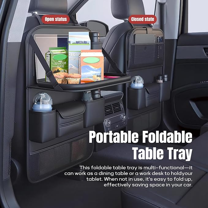 Car Backseat Organizer with Foldable Table Tray,Car Seat Back Protector with Touch Screen Phone Holder,Premium PU Leather Material,Compatible with Suitable for Most Car Travel Accessories - Image 2