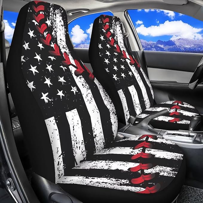 American Flag Car Front Seat Covers Baseball Stitch Car Seat Covers Set of 2 Removable Automotive Accessories Universal Fit for Cars,Sedans & SUVs - Image 2