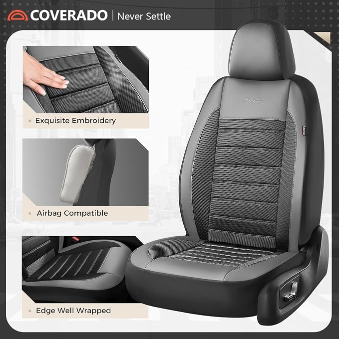 Coverado Car Seat Covers Full Set, Luxury Leather Car Seat Protector, Automotive Front and Rear Mesh Seat Covers, Full Set 5 Seats, Black Gray Seat Cushion for SUV Sedan Truck - Image 5