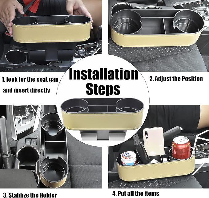 IOKONE Console Side Pocket, Cup Holder for Car, Easy Install, Slim Beige | PU Leather Cover, Dual Cup Holders, Car Seat Gap Filler Organizer, Side Pocket Storage, Universal Fit, Car Coin Holder - Image 6