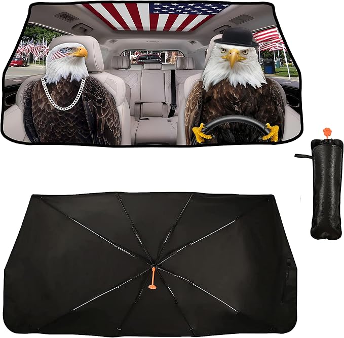 Socira Eagle Car Windshield Sun Shade Umbrella American Flag Sunshade | Foldable Front Window Auto Windshield Sunshade Covers Protect from Sun Rays and Heat 57'' X 30'' Eagle Car Accessories - Image 2