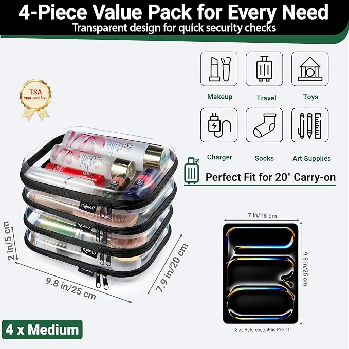 YQBRAO Clear Hard Shell Zipper Cases, 4 Medium Makeup Organizers, Black | Rigid 1.2 mm PET and YKK dual zippers for skincare, toiletries, chargers, notebooks and daily essentials - Image 4