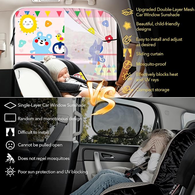 LEIWOOR 2-Pack Magnetic 2 Layers UV Protection Car Window Shades for Baby | Privacy full/half shade car back side window shades with net pocket, breathable heat block curtain for truck van sedan SUV - Image 4