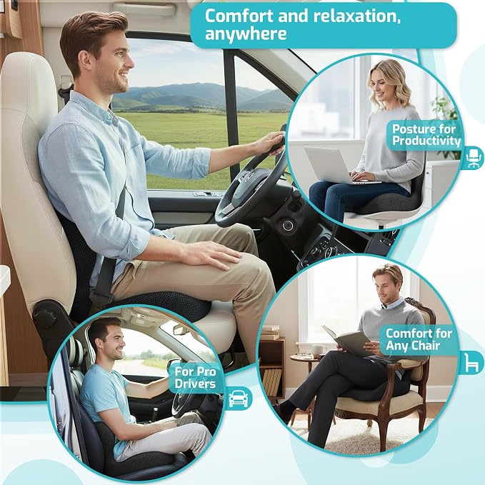 Trucker Seat Cushion, Thick Car Seat Cushions with Lumbar Support Pillow, Ergonomic L-Shaped Orthopedic Memory Foam for Long Driving Lower Back Pain Sciatica Relief, Gift for Drivers (Black) - Image 7