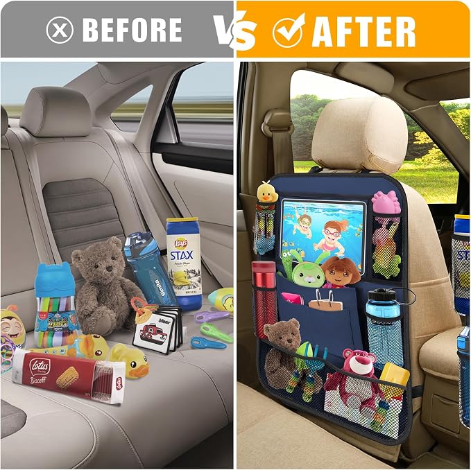 Backseat Car Organizer w/ 10 Storage Pockets, 11" Tablet Holder, 2 PCS Blue | Car Organizers and Storage Kick Mats Back Seat Protector w/ Touch Screen Tablet Holder for Kids Toddlers, Travel Accessories - Image 3