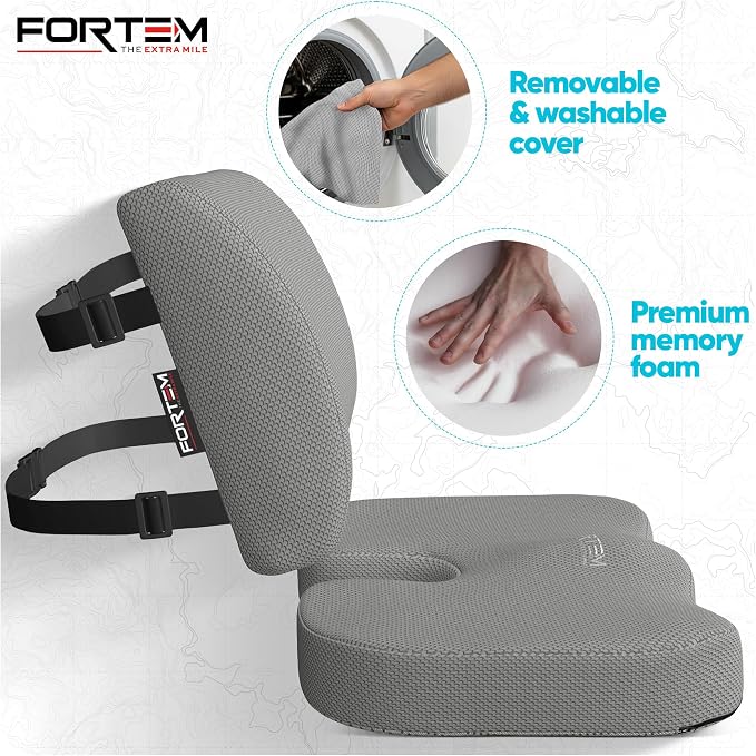 FORTEM Seat Cushion & Lumbar Support for Office Chair, Wheelchair, Car | Memory Foam | Ergonomic Design | Washable Cover | Non Slip | Grey - Image 3