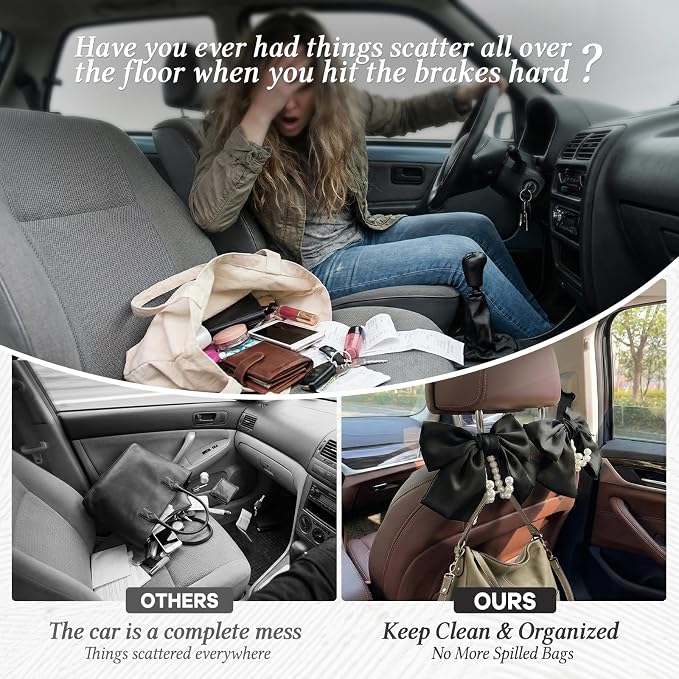 2PCS Satin Bow Pearl Car Seat Headrest Hooks – Car Bag Holder & Vehicle Hanger for Purses – Cute Coquette Aesthetic Interior Decoration – Cute Auto Organizer Accessories Universal (Black) - Image 5