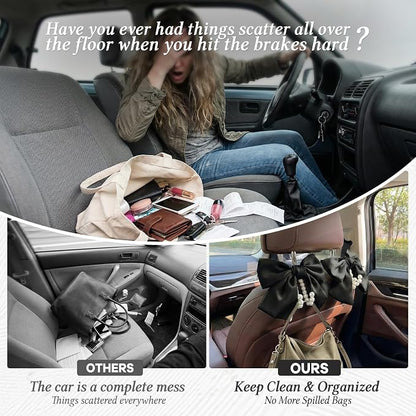 2PCS Satin Bow Pearl Car Seat Headrest Hooks – Car Bag Holder & Vehicle Hanger for Purses – Cute Coquette Aesthetic Interior Decoration – Cute Auto Organizer Accessories Universal (Black) - Image 5