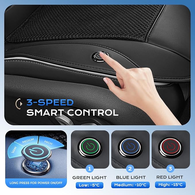 Coverado Cooling Car Seat Cover with High-Velocity Turbo Fan, Powerful Blowing & Suction Pad, 12V-24V Ventilated Cushion, 3-Speed Adjustable Airflow, Universal Fit for Car SUV Truck Van（Black） - Image 3