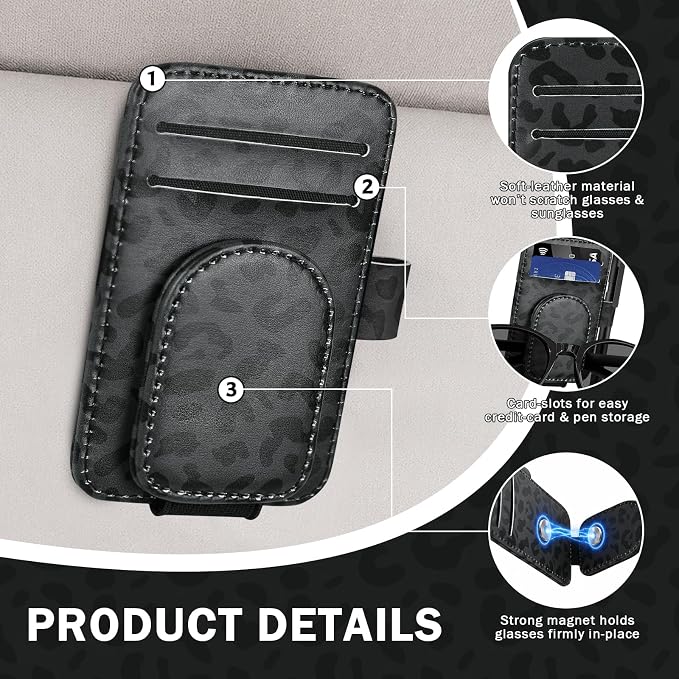 2 Pack Sunglass Holder for Car Visor Black Leopard Sunglasses Clip | Magnetic Car Sunglass Holder with 2 Card Slots & Pen Slot, Sunglass Visor Clip Car Accessories for Different Size Eyeglasses - Image 4
