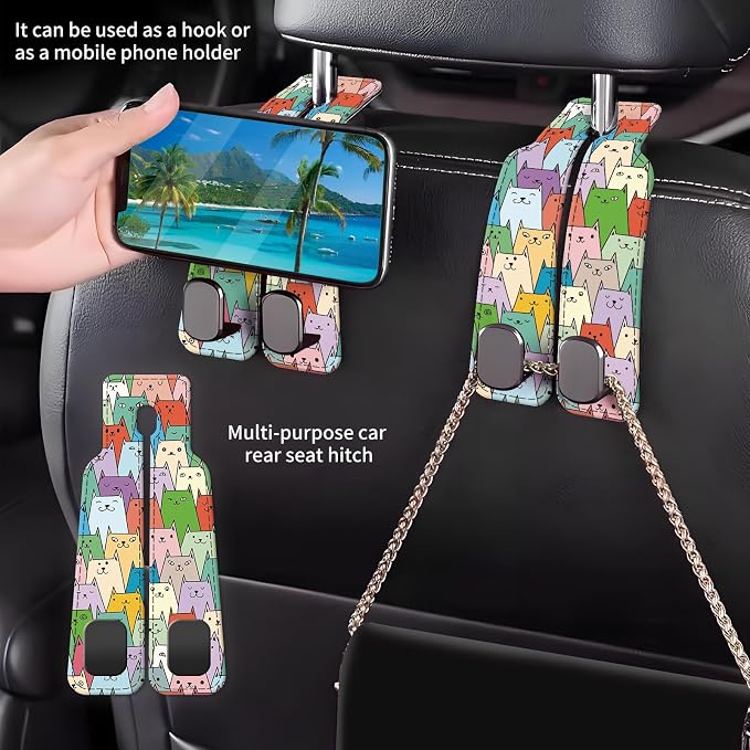 Car Seat Back Storage Headrest Hook, Premium Leather Double Metal Hook, Hanger Storage Organizer for Purse Cloth Bag, Car Interior Accessories Cute Colorful Cats - Image 2