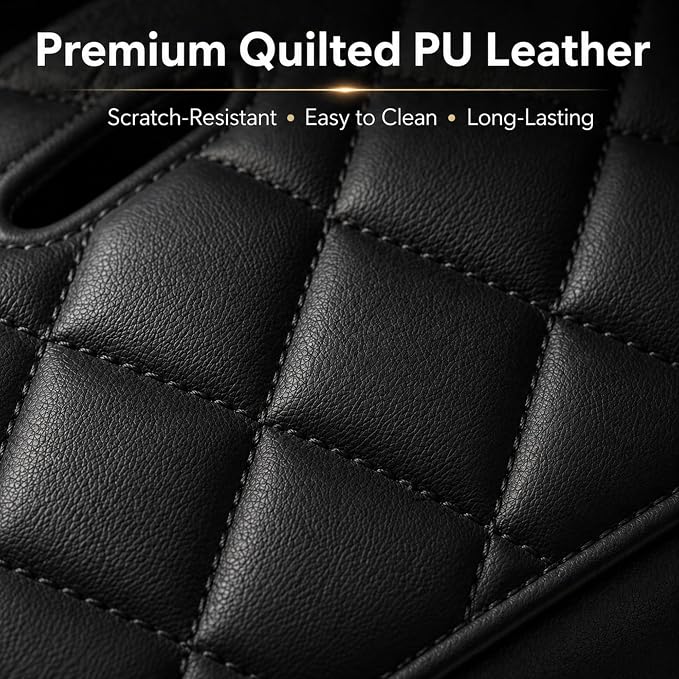 Luxury Quilted Car Tissue Holder – Headrest-Mounted Tissue Box for Cars, SUVs & Trucks – PU Leather Tissue Dispenser with Secure Strap – Easy One-Hand Access (Black) - Image 3