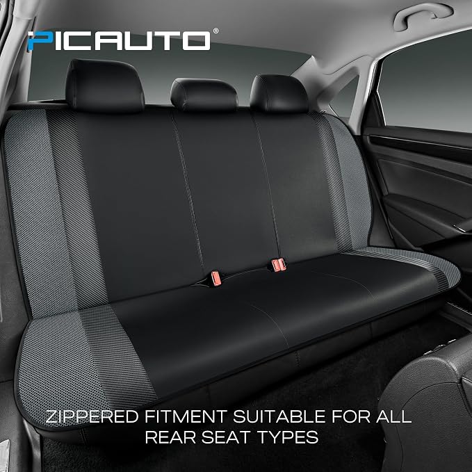 PIC AUTO Leather Car Seat Covers, Sports Carbon Fiber & Mesh Design, High-Back Full Set, Waterproof Automotive Seat Covers, Airbag Compatible, Universal Fit for Cars, SUVs, Trucks (Black & Gray) - Image 4