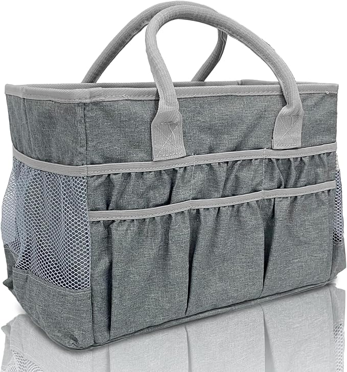 Cupohus Craft Organizer Tote Bag – Craft Caddy with 2 Mesh Side Pockets & Front Elastic Pockets, Foldable Large Capacity Supply Storage Bag for Sewing, Knitting, Painting, and Travel (Grey) by Cupohus