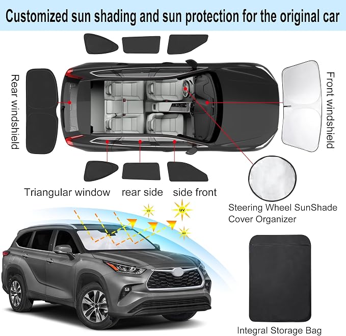 TINGLU Window Shades 8PCS for Toyota Highlander 2020-2026 Accessories Car Side Full Windows Rear Triangular Windshield Sun Shade Sun UV Rays & Privacy Protection for Camping,Napping,and Relaxing - Image 3