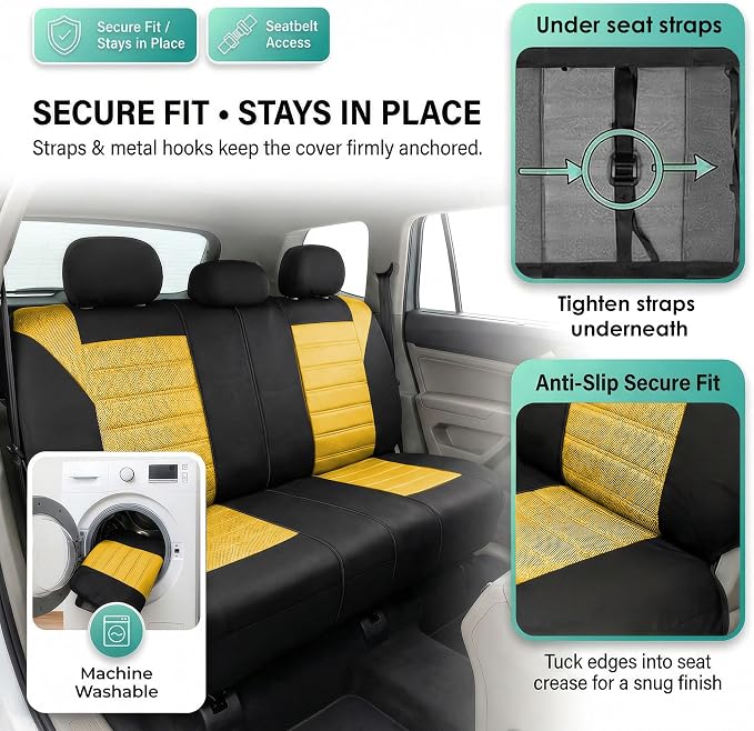 FH Group Automotive Car Seat Covers Rear Set Premium 3D Air Mesh Seat Covers, Airbag Compatible and Split Bench Cover Universal Fit Interior Accessories for Cars Trucks and SUVs - Yellow - Image 4